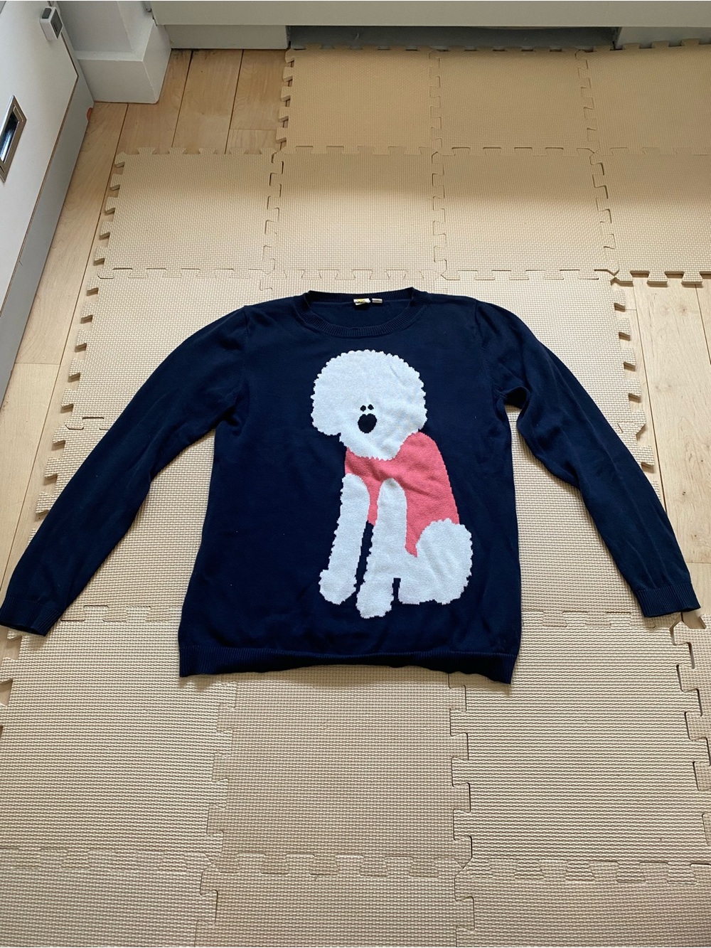 Anthropologie Navy Sweater with White Dog and Pink Scarf Size M